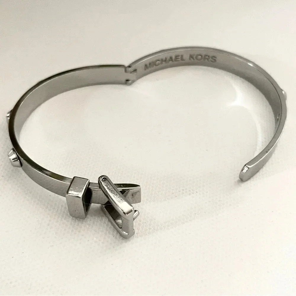 Michael Kors Astor Silver Buckle Bracelet With Studs Hinge Closure 2 adjustments - Picture 14 of 16